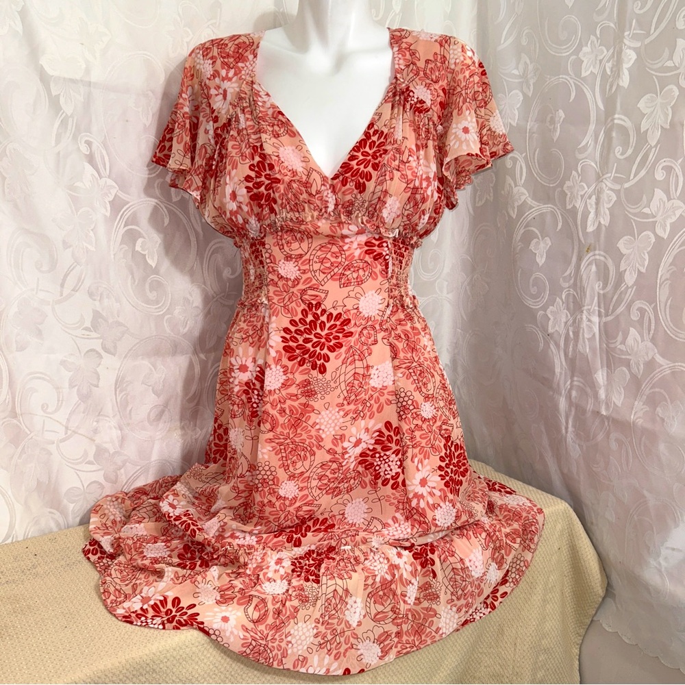 NWT Max Studio Peachy Pink Spring Florals Ruffles Midi Flowy A-Line Dress
